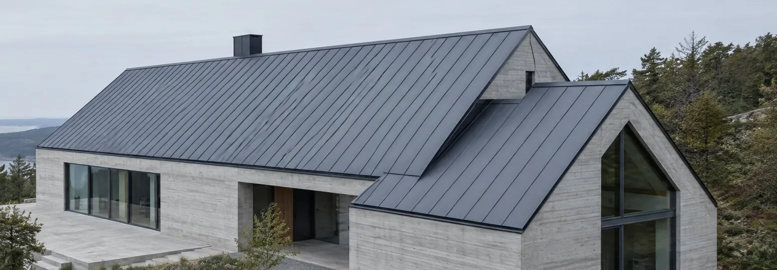 The roofline in profile: two dark steel gables meeting above pale concrete walls.