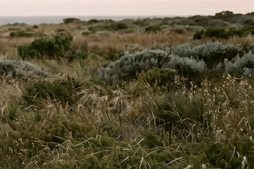Coastal scrub and long grass running down to a pale sea.