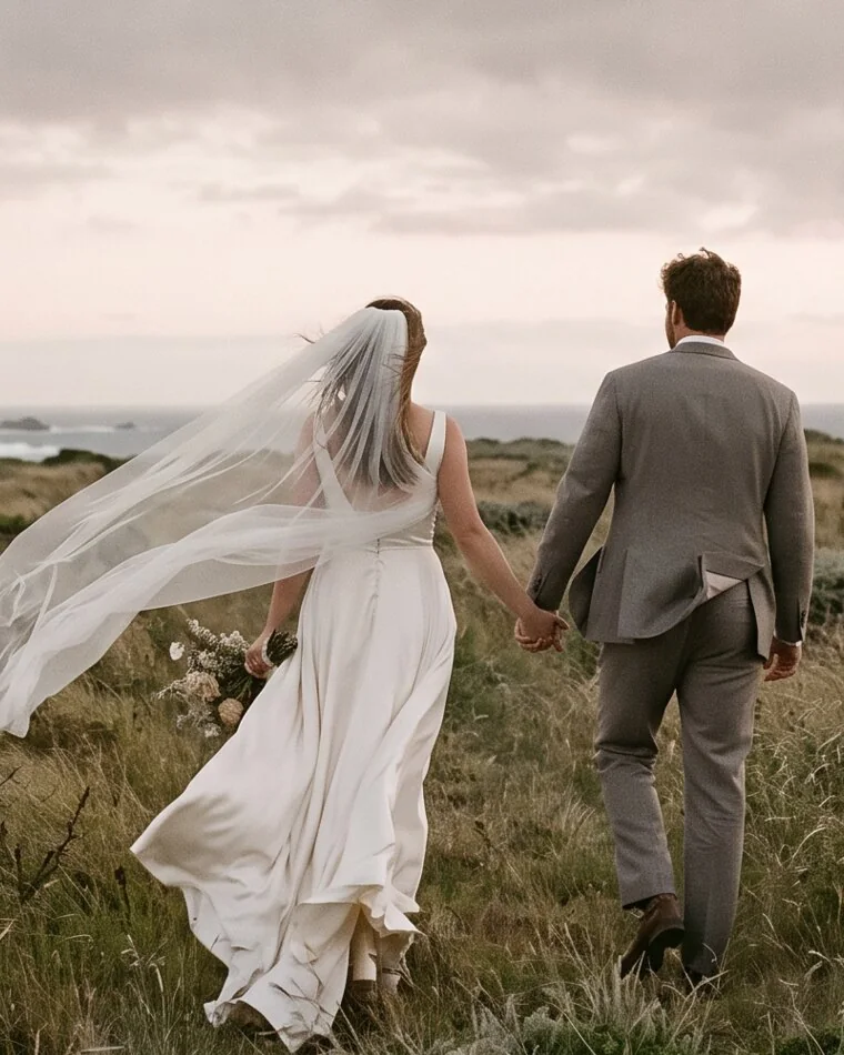 The couple from behind, hand in hand, the veil carried sideways by the wind.