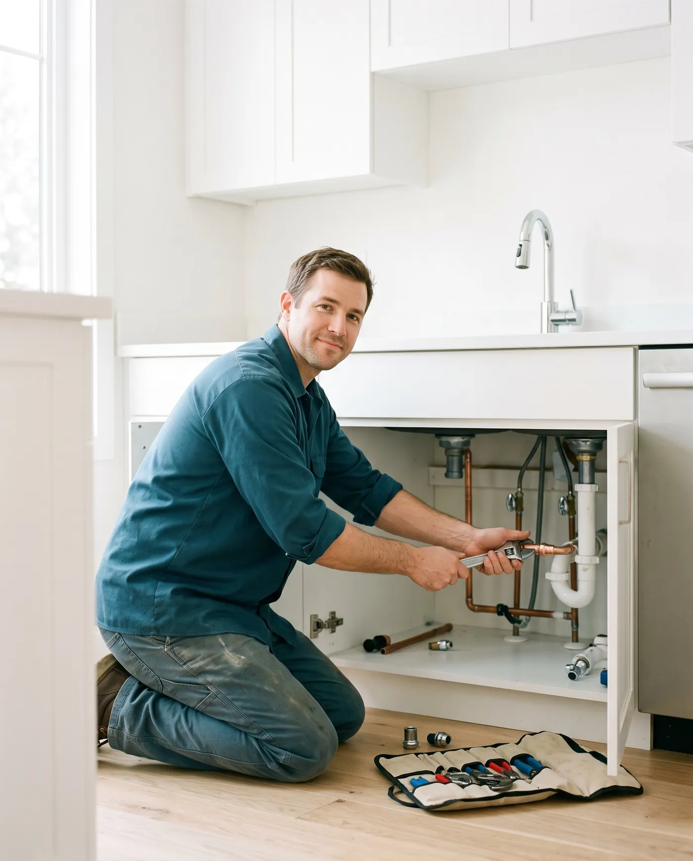 A plumber kneeling at an open kitchen cabinet, tightening a fitting, tools laid out beside him.