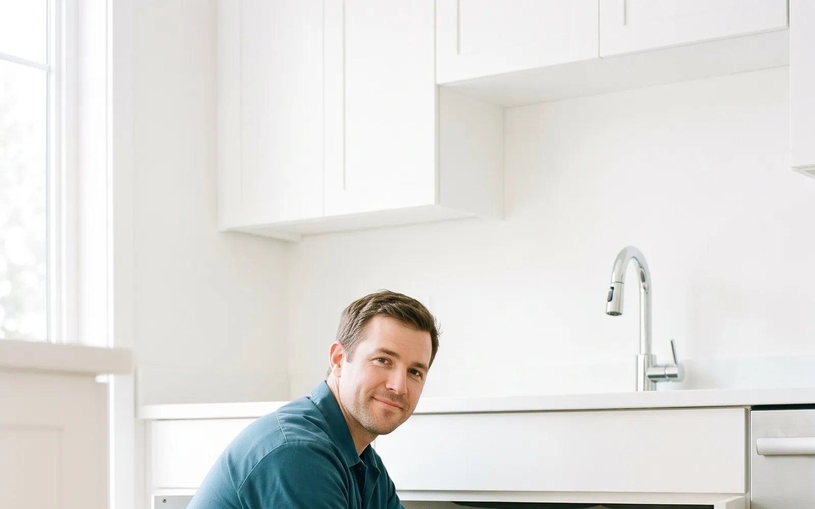 A bright white kitchen, a plumber at work below the sink.