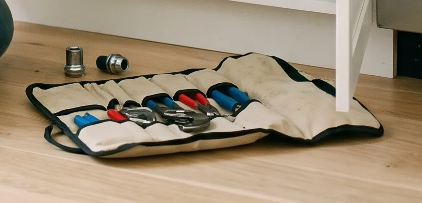 A canvas tool roll laid out neatly on a wooden floor.