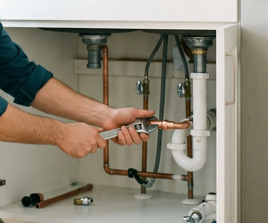 Hands tightening a copper fitting under the sink with a wrench.