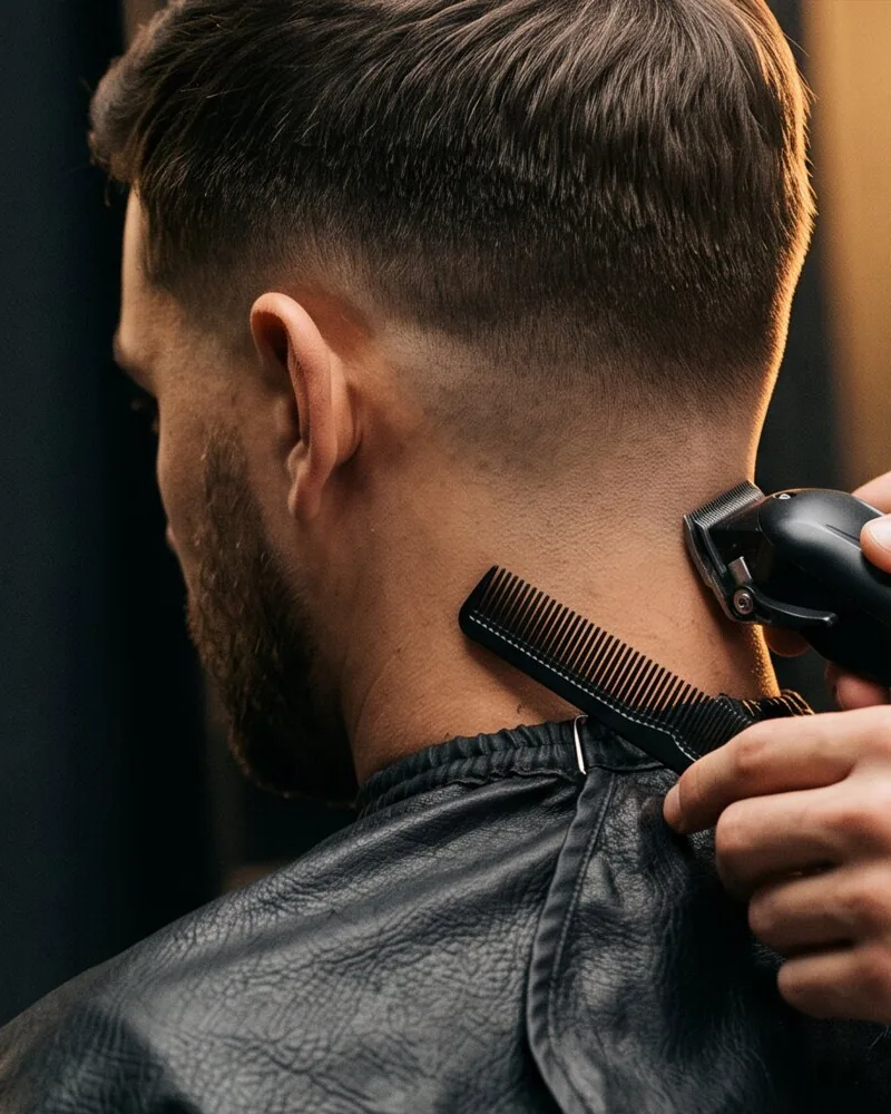 The back of a fresh fade, seen from behind the chair.
