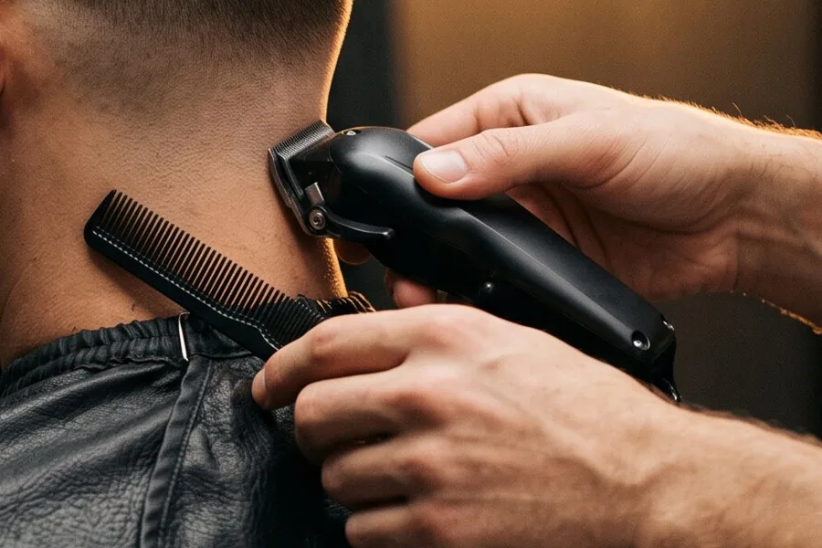 Close view of a clipper and comb held at the neckline.