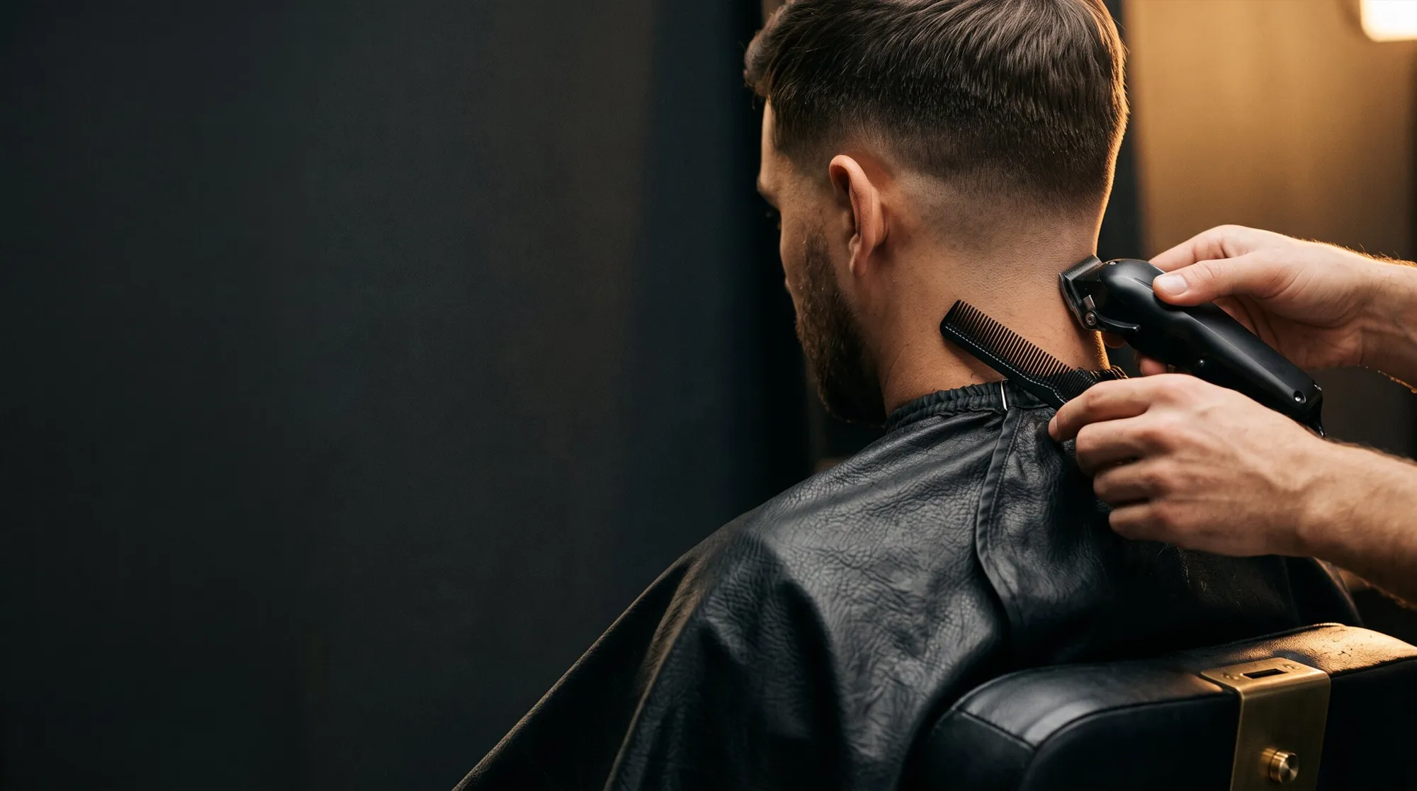 A barber's hands working a clipper and comb along a neckline, under warm light.