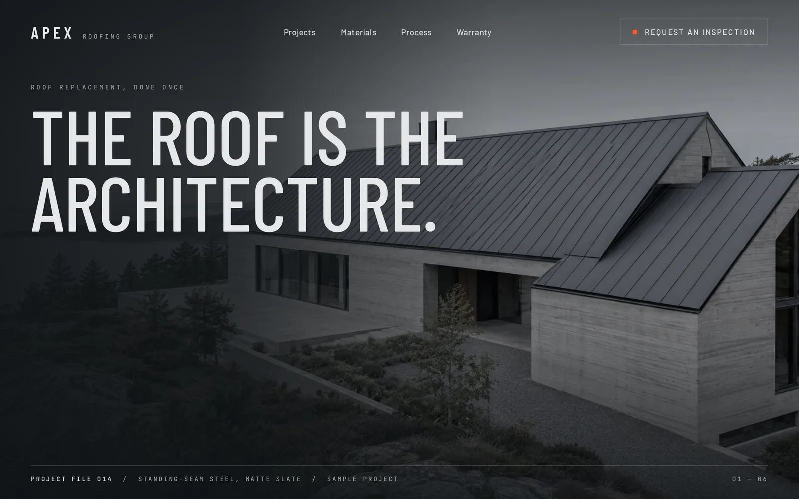 Concept website design for Apex Roofing Group, home page.