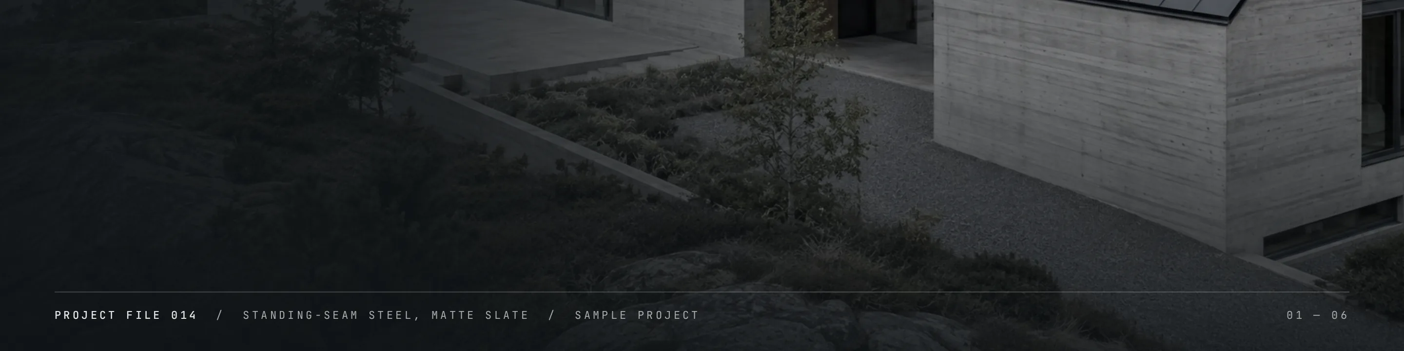 Detail of the Apex Roofing Group home page: the project file line, naming the roof material, beneath the photograph.