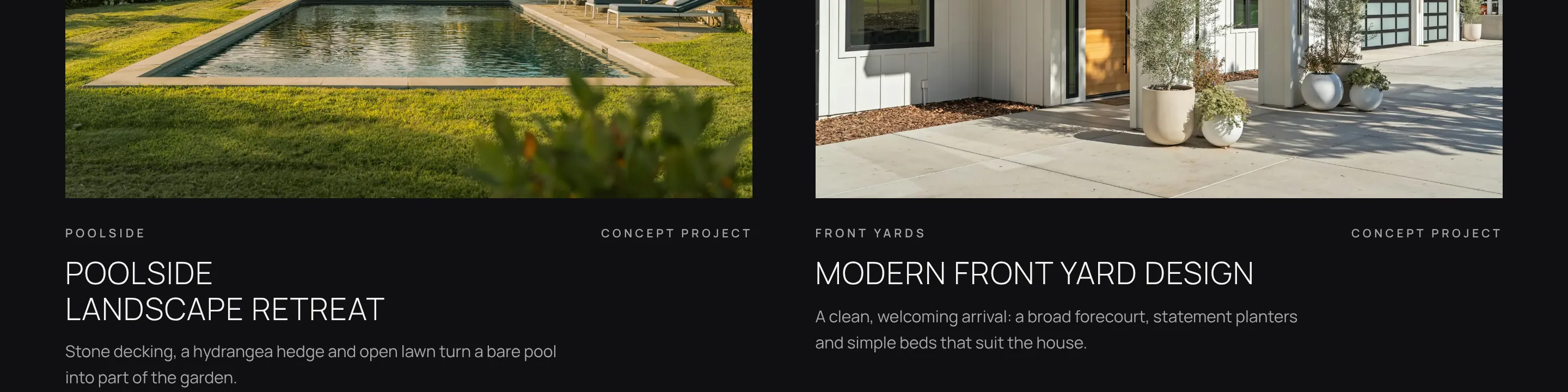 Detail of the Evenfall Landscape Co. projects page: a poolside garden and a modern front yard, each with its title and a short description.