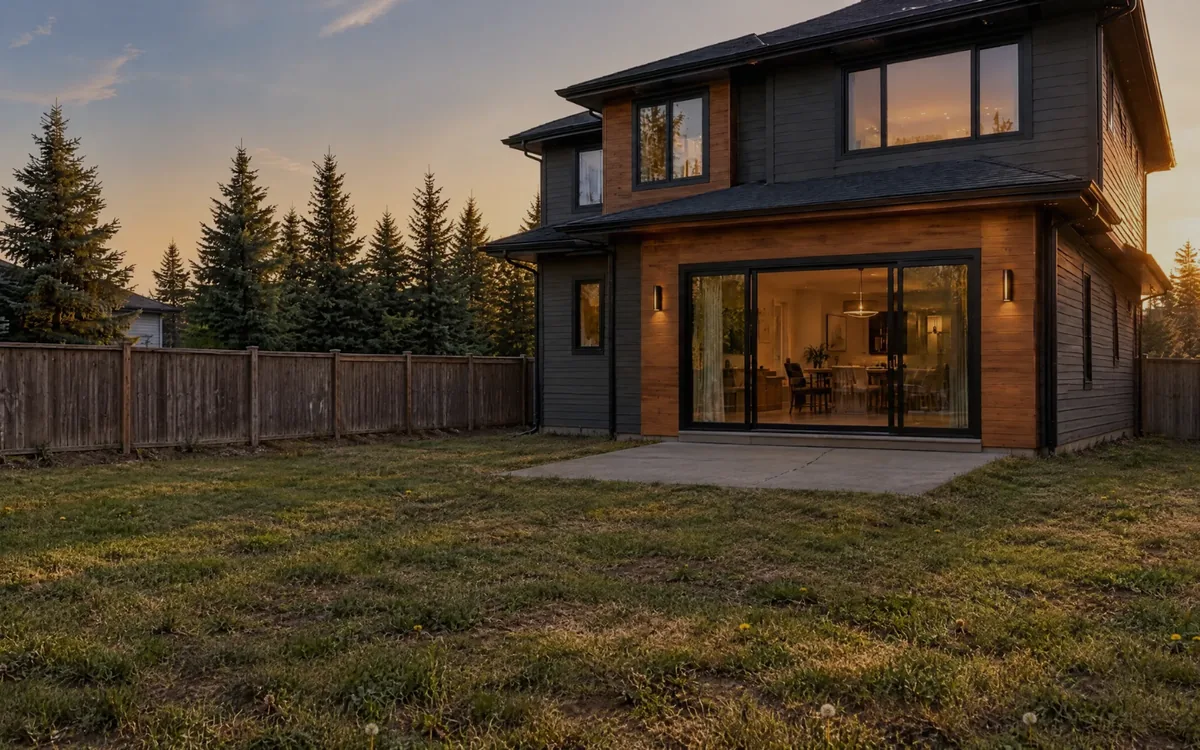 Frame from the Evenfall Landscape Co. opening sequence: the backyard before, a worn lawn and a bare concrete pad.
