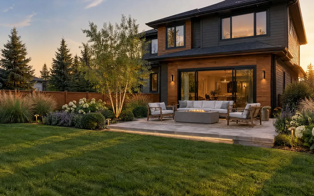Frame from the Evenfall Landscape Co. opening sequence: the finished garden, planted and lit at dusk.