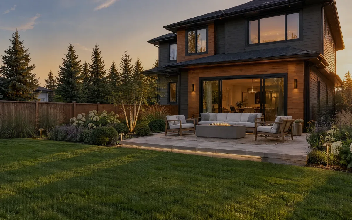 Frame from the Evenfall Landscape Co. opening sequence: the new lawn, stone terrace and seating in place.