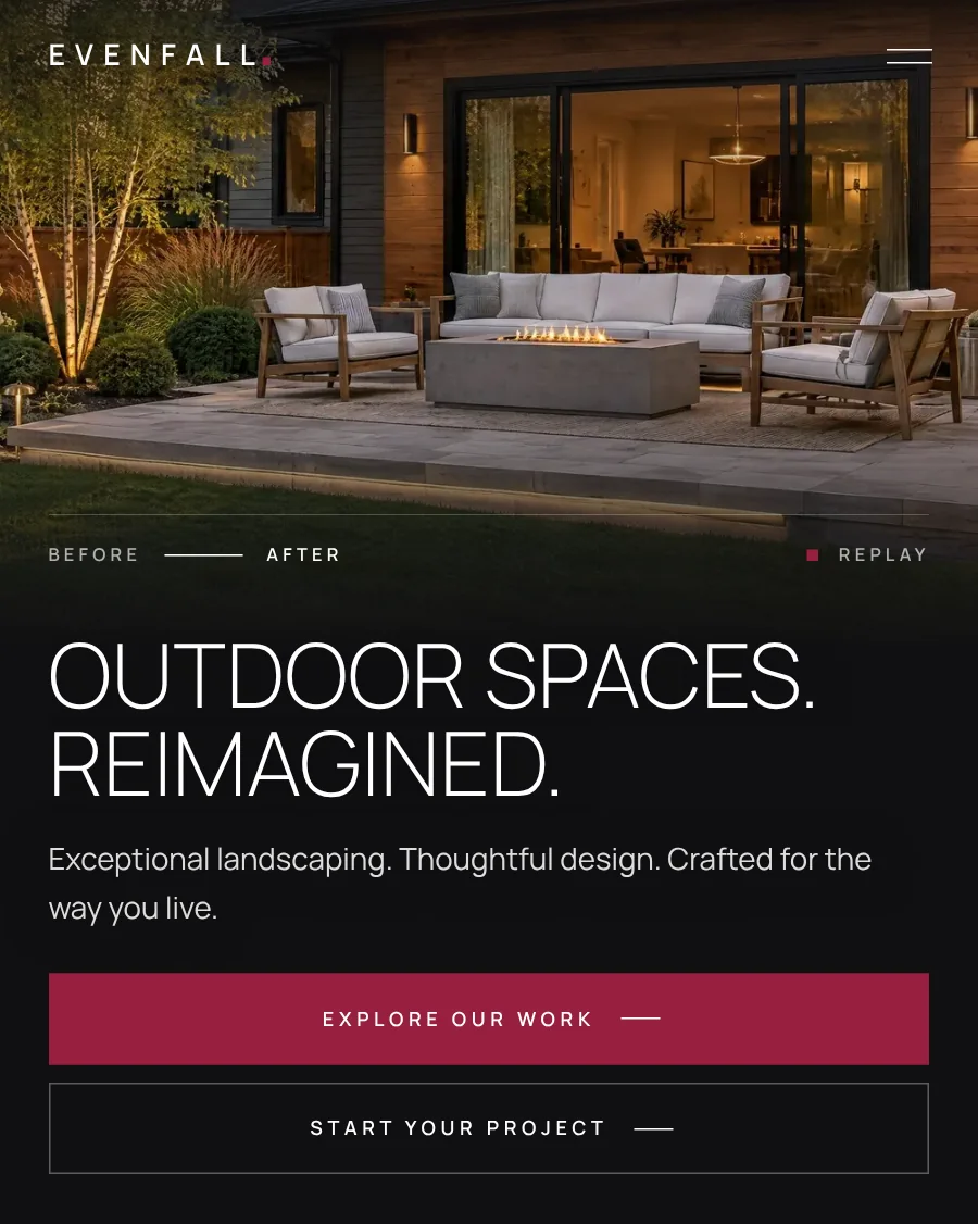 Concept website design for Evenfall Landscape Co., home page on mobile.