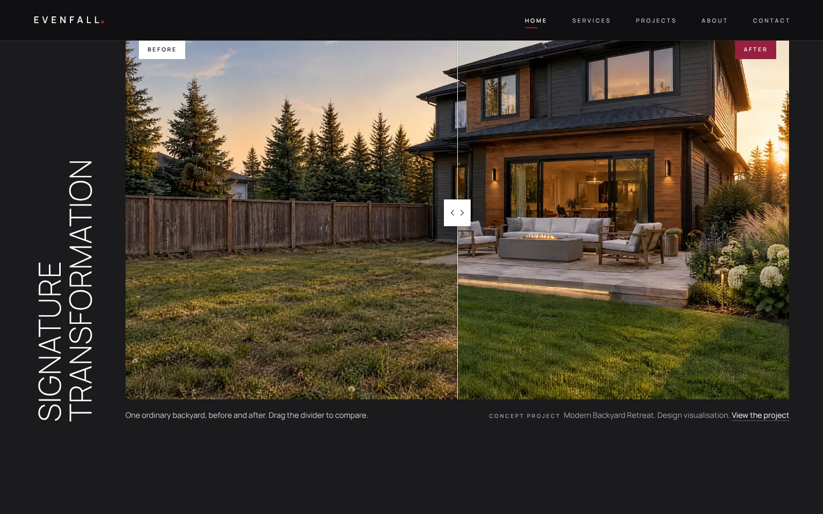 Detail of the Evenfall Landscape Co. home page: the before-and-after slider, the overgrown yard on one side and the finished terrace on the other.