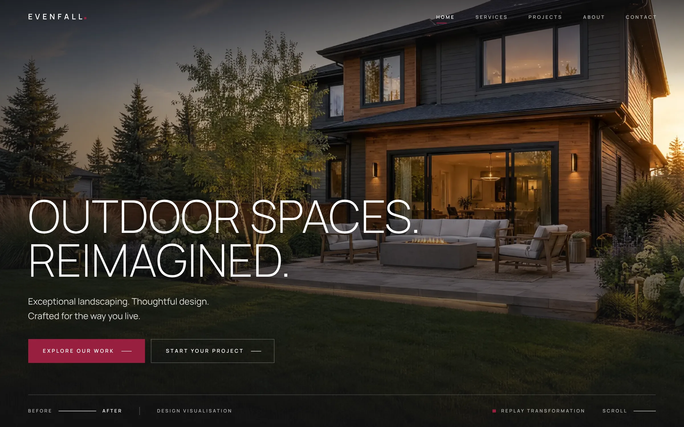 Concept website design for Evenfall Landscape Co., home page.