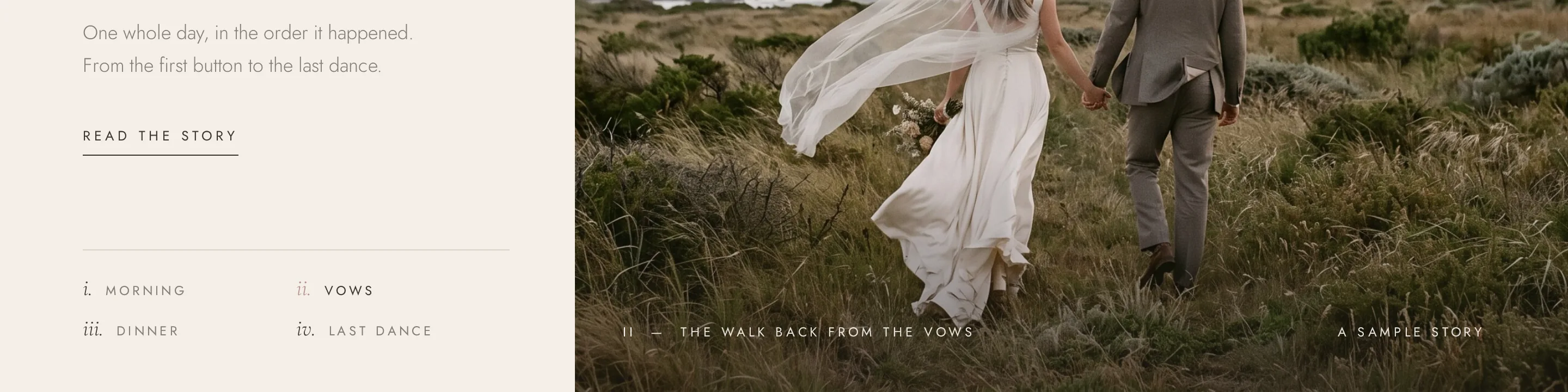 Detail of the Evermore Stories home page: the chapters of one wedding day beneath the photograph and its caption.