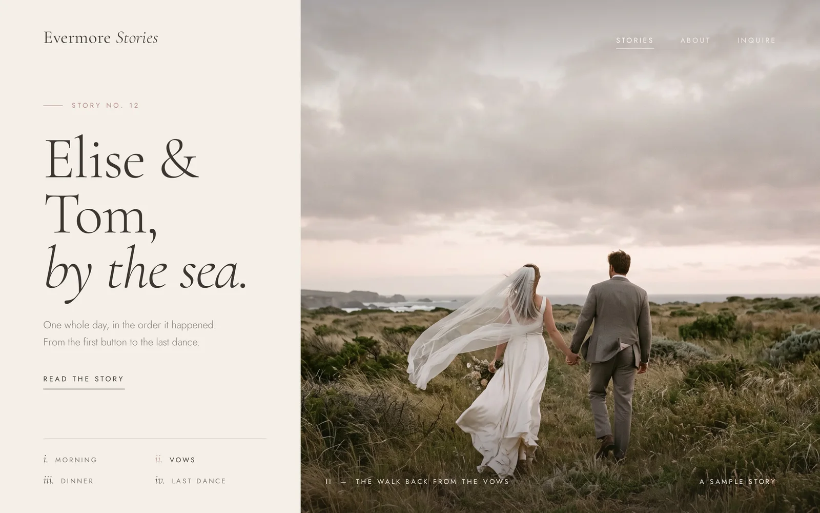 Concept website design for Evermore Stories, home page.