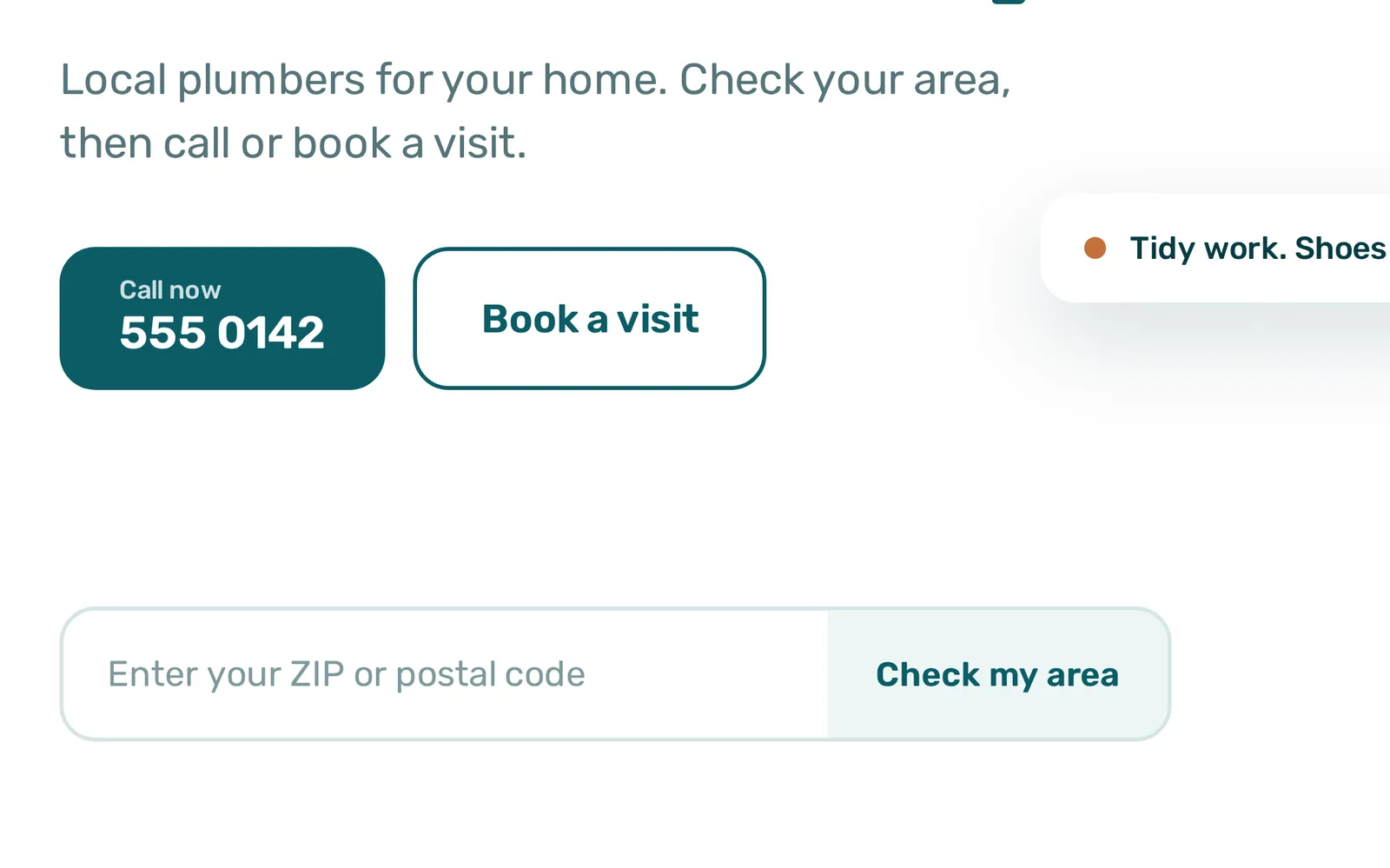 Detail of the Flowstate Plumbing home page: Call now, Book a visit and the service-area finder.