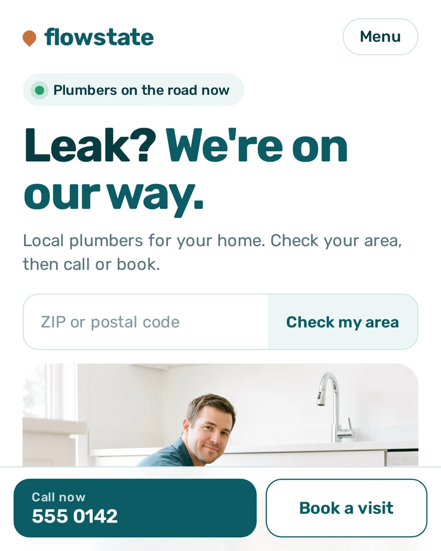Concept website design for Flowstate Plumbing, home page.
