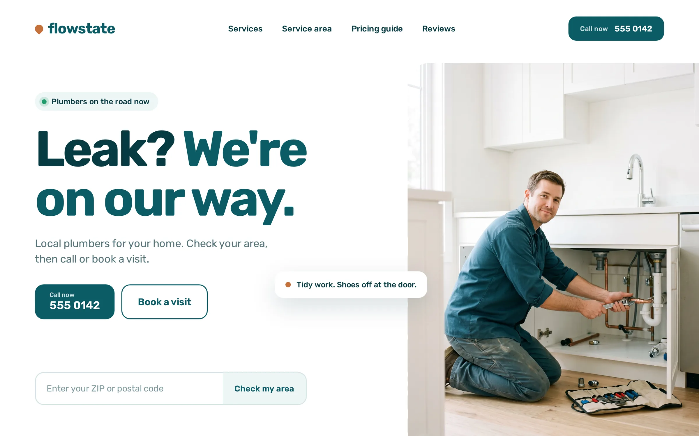 Concept website design for Flowstate Plumbing, home page on desktop.