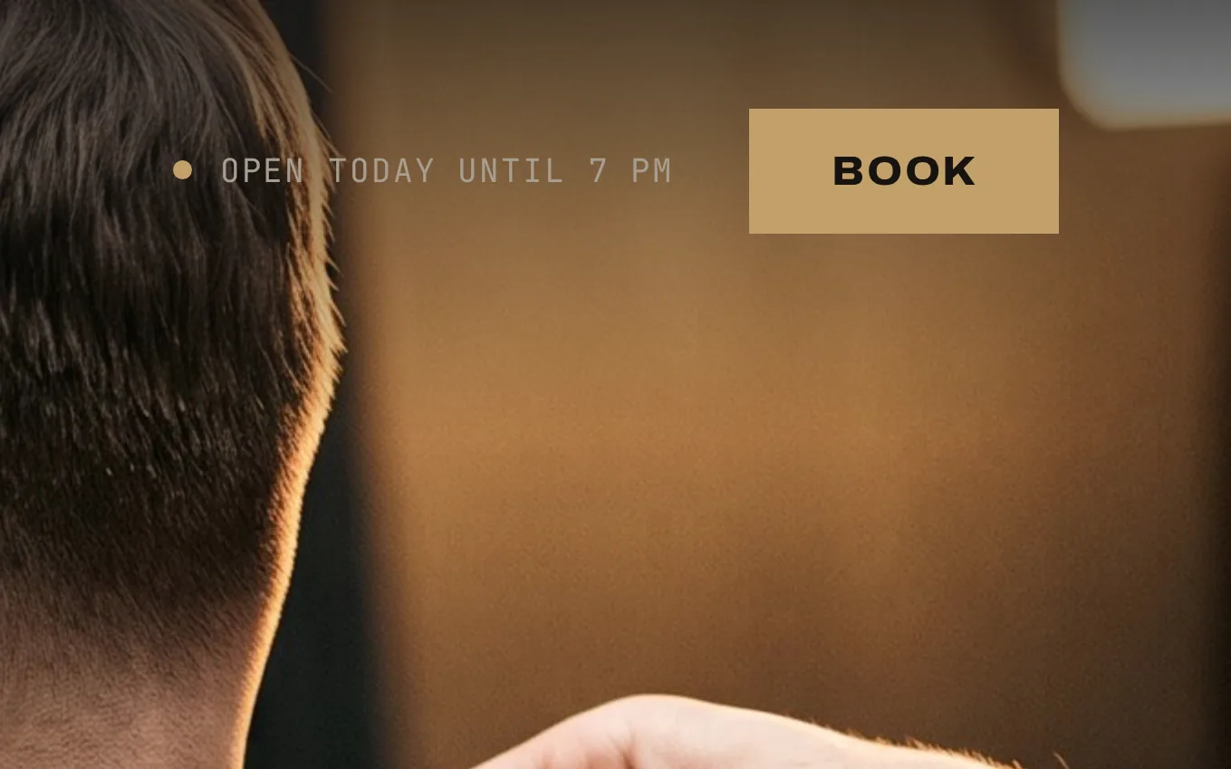 Detail of the Northline Barber Co. home page: today's opening hours beside the Book button in the header.