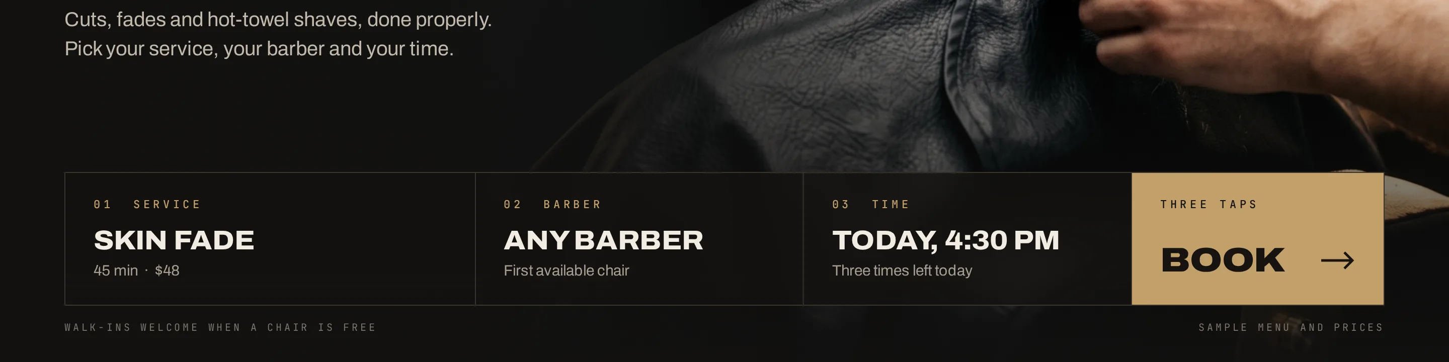 Detail of the Northline Barber Co. home page: the booking bar, with service, barber, time and one Book button.