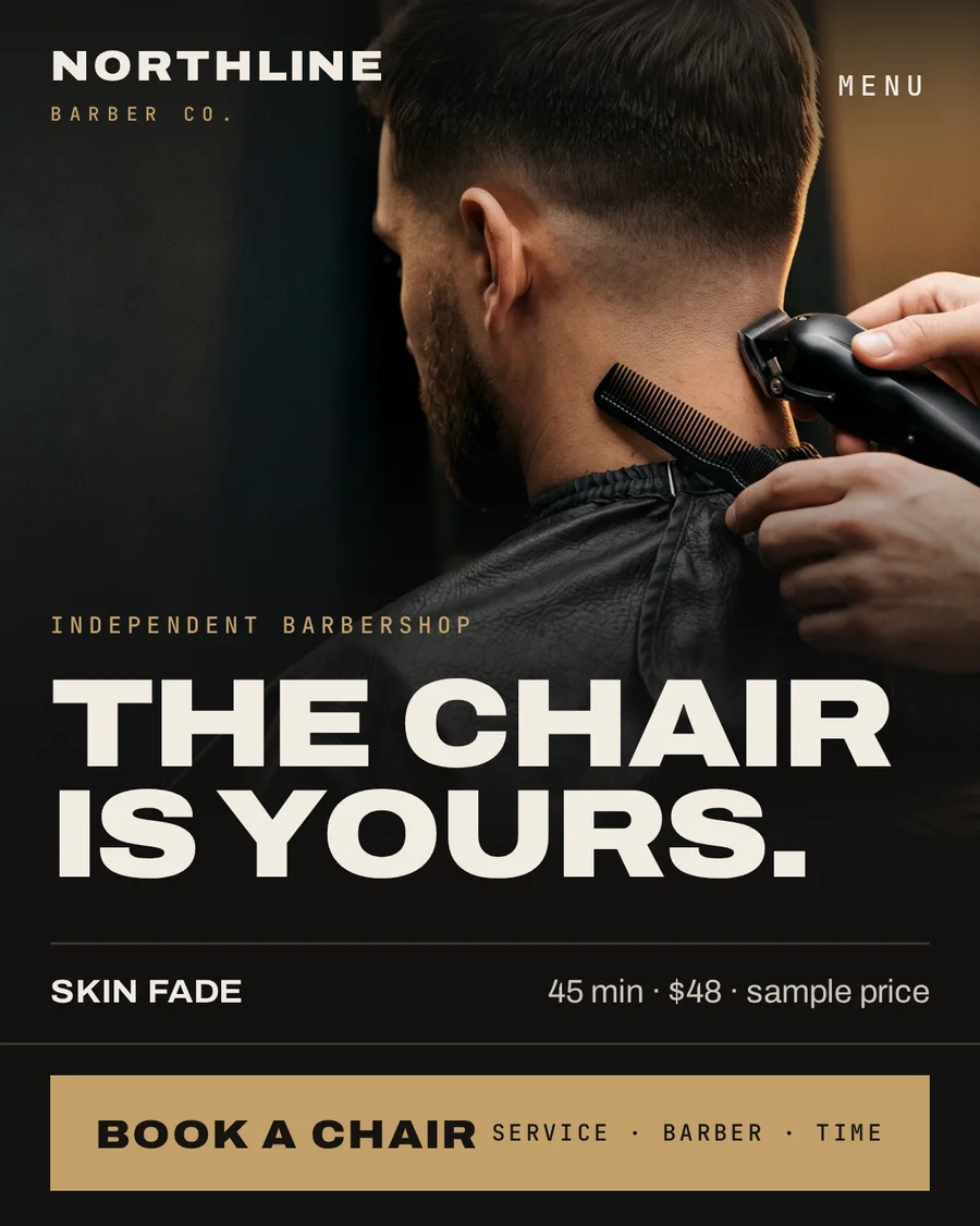 Concept website design for Northline Barber Co., home page on mobile.