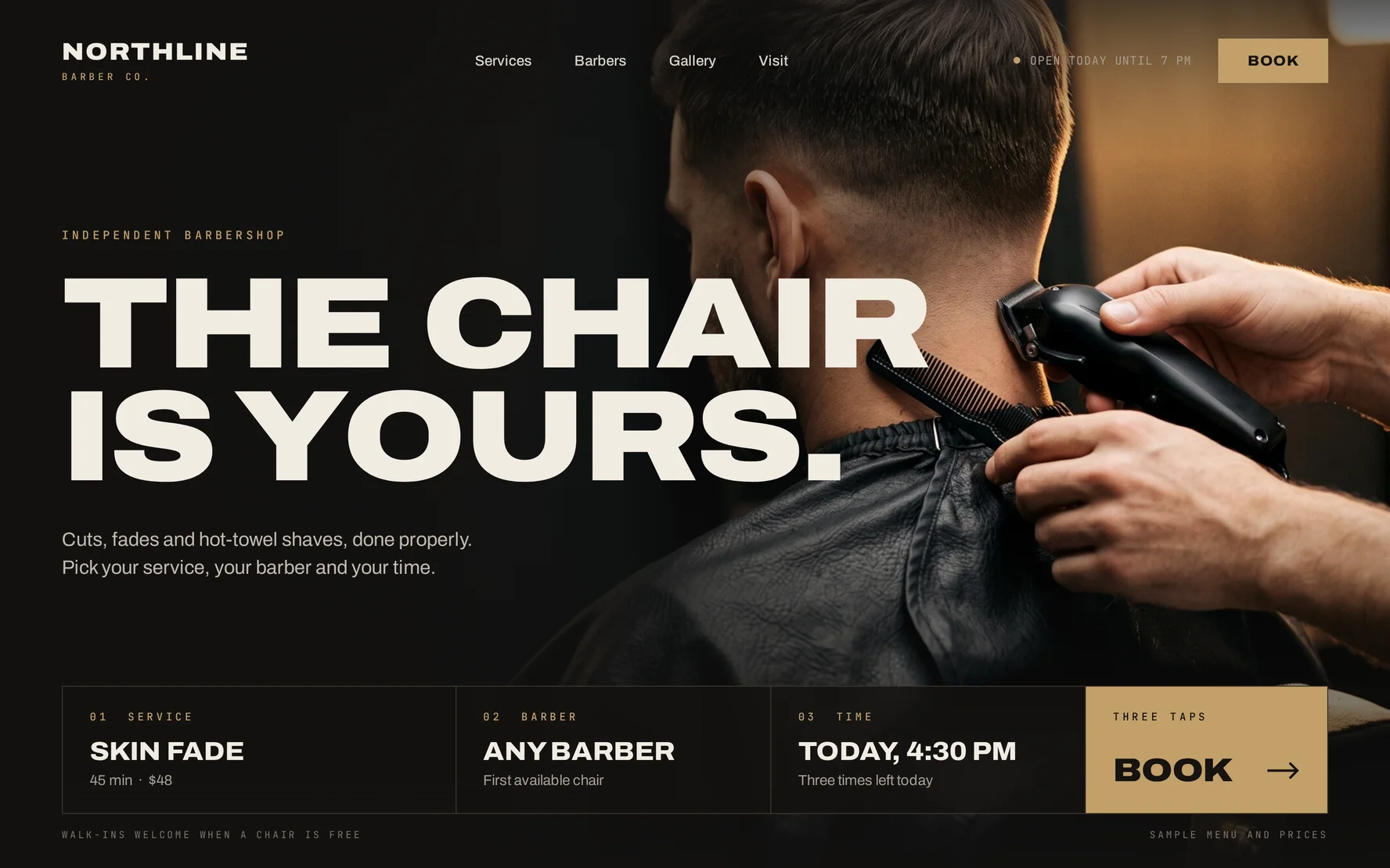 Concept website design for Northline Barber Co., home page.
