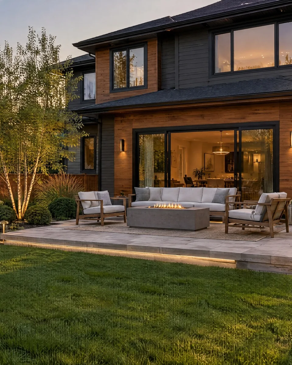 Photograph made for the Evenfall Landscape Co. concept: a stone terrace with a fire table and outdoor seating beside a contemporary home at dusk.