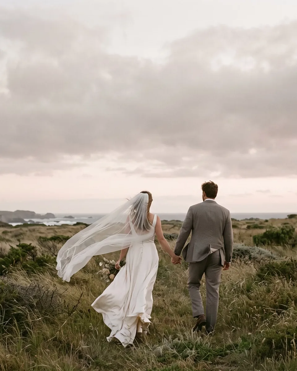 Photograph made for the Evermore Stories concept: a couple walking hand in hand through coastal grass, the veil lifting in the wind.