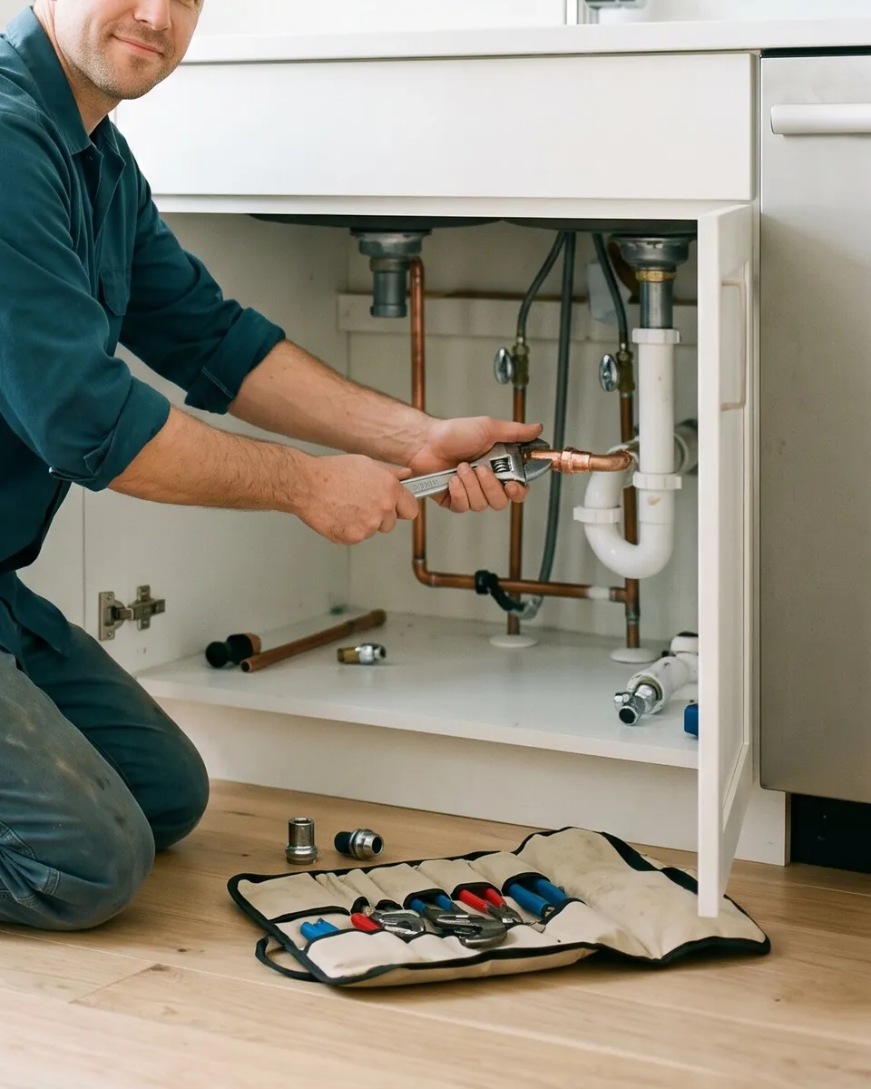 Close photograph made for the Flowstate Plumbing concept: a plumber tightening a fitting under a kitchen sink, tools laid out neatly.