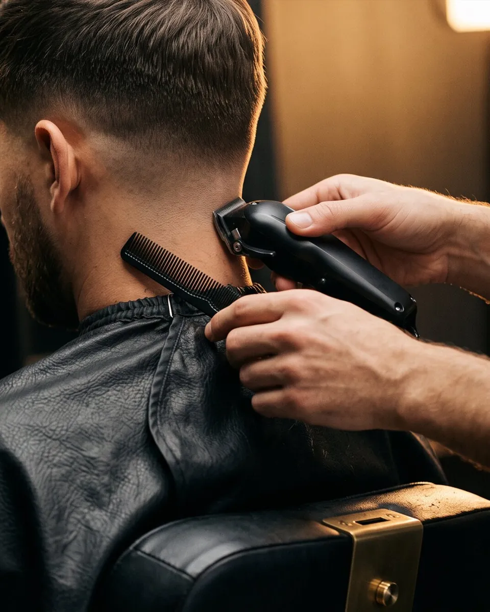 Close photograph made for the Northline Barber Co. concept: a barber's hands, a comb and a clipper at the neckline.