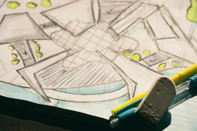 A hand-drawn site plan with marker notes.