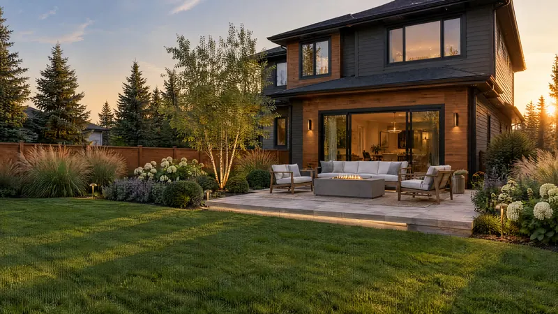 The same backyard after landscaping: limestone patio, fire lounge and layered planting.