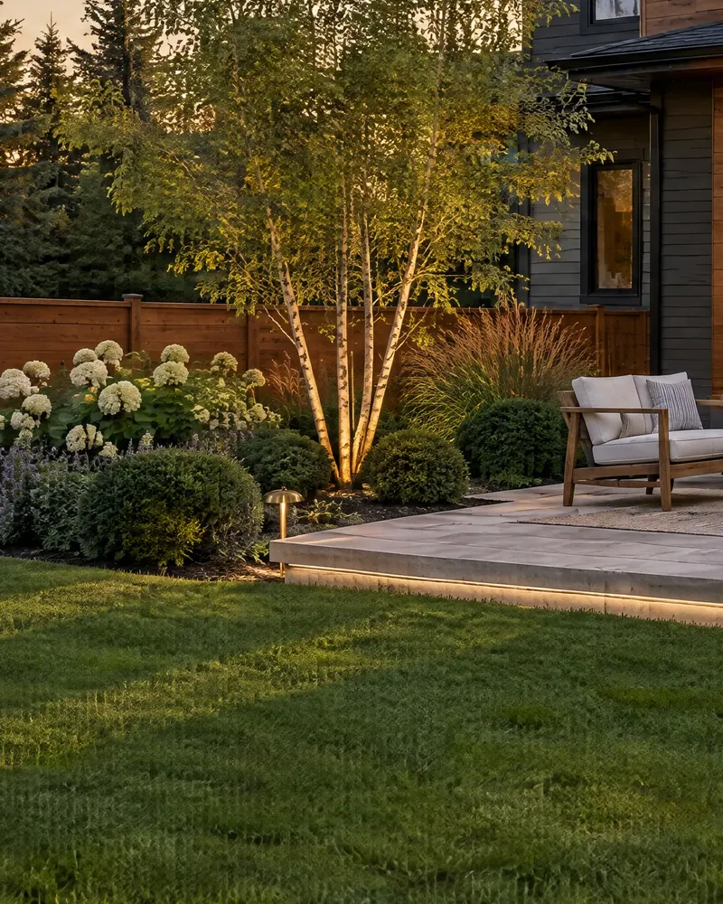 A finished garden corner: an uplit birch, clipped shrubs and a stone terrace edge.