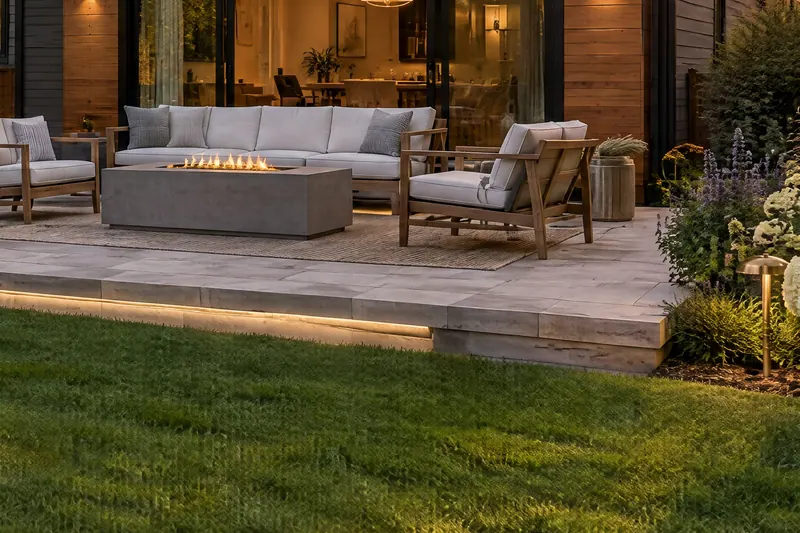 A limestone terrace with a sofa, armchairs and a linear fire table outside sliding glass doors.