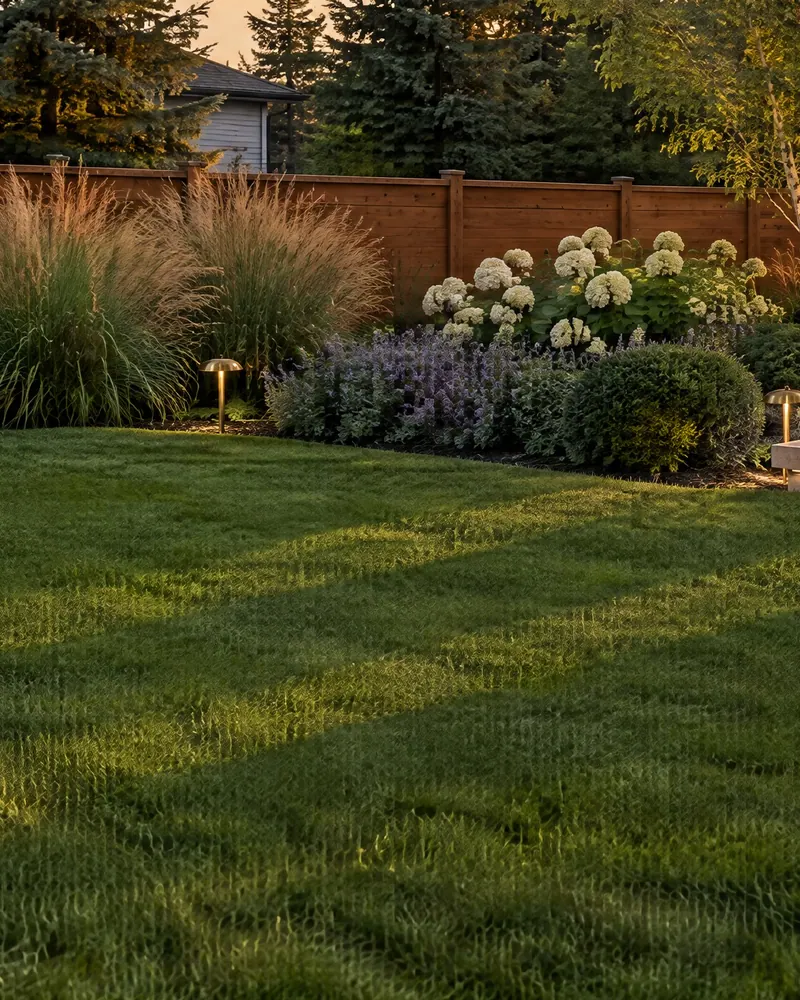 Layered planting along a cedar fence: feather reed grass, white hydrangea and catmint beside a lawn.